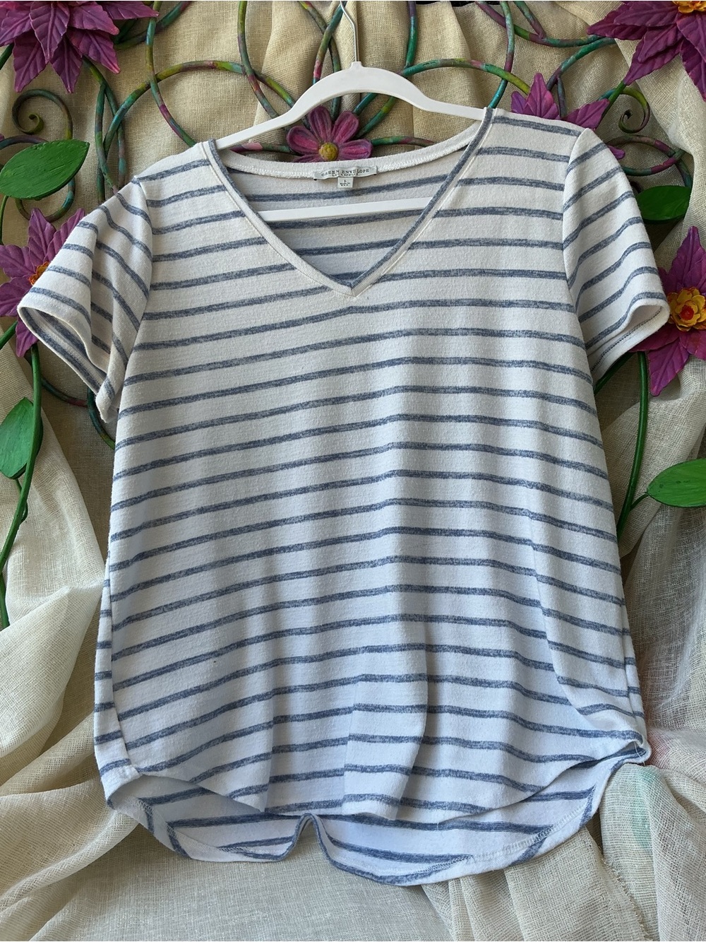 Green Envelope Blue and White Striped V-Neck Top
